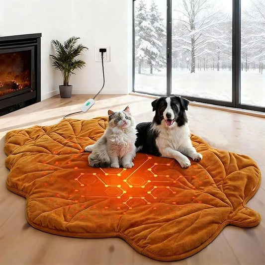 Extra Large Dog Heating Pad Waterproof Electric Heated Cat Beds for Indoor Outdoor, Adjustable Temperature,Washable Yellow Leaf Shaped Cat Heating Pad Non Slip Bottom(57"X47")