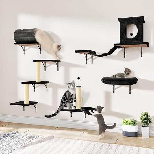 NUNU LAB 7-in-1 Cat Wall Shelves, Wall Mounted Cat Climber Set, Cat Furniture with House, Tunnel, Bridge, Steps, Scratcher, Hammock, Shelves for Indoor, Dark Black