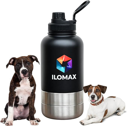 ILOMAX 3-in-1 Insulated Dog Travel Water Bottle, Stainless Steel, with Food & Water Bowls + Extra Magnetic Lid, Leak-Proof, Keeps Drinks Cold 12H/Hot 6H, Portable Hydration, 32oz (Black)