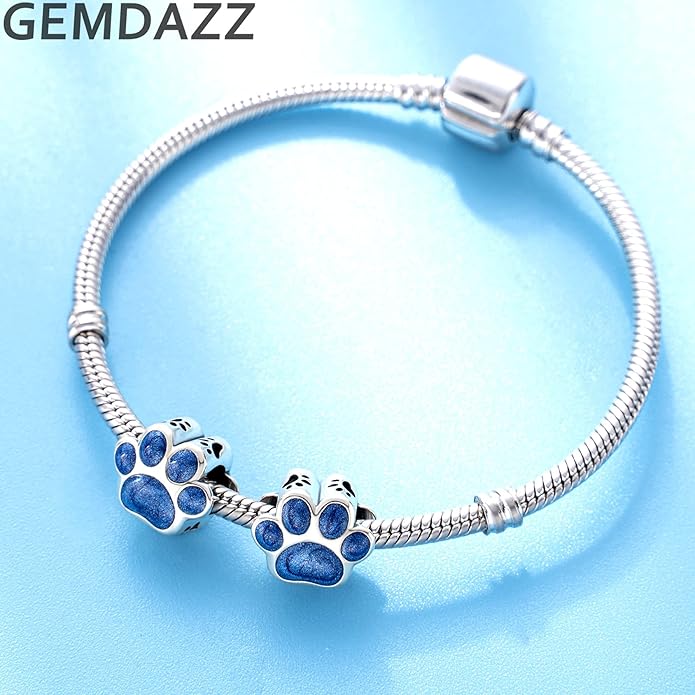 GEMDAZZ Sparkling Puppy Paw Print Charms in 925 Sterling Silver, Pave Dog Pawprint CZ Round Beads and Always in My Heart Charms, Gift for Animal Lover, fit European Women Bracelet/Necklace