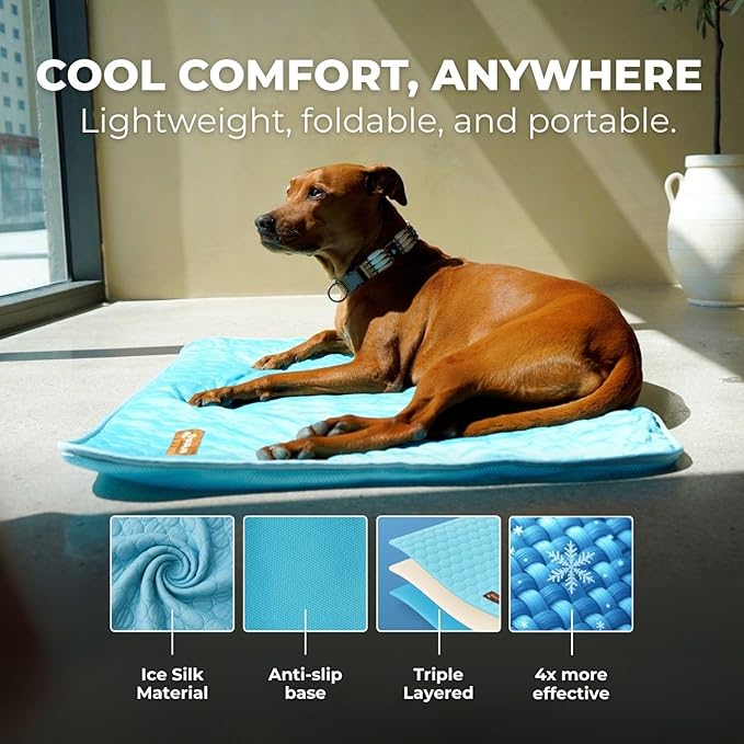 Pelsbarn Dog Cooling Mat- Ice Silk Summer Comfort, Self Cooling, Non-Slip Dog Pad, Durable & Washable, Mat for Large Dogs 25"" x 37"", Support Shelter Dogs with Every Purchase (Blue)