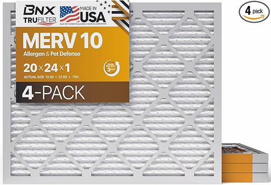 BNX TruFilter 20x24x1 MERV 10 (4-Pack) AC Furnace Air Filter - MADE IN USA - Pleated Air Conditioner HVAC AC Furnace Filters - Removes Odor, Mold, Bacteria, Smoke