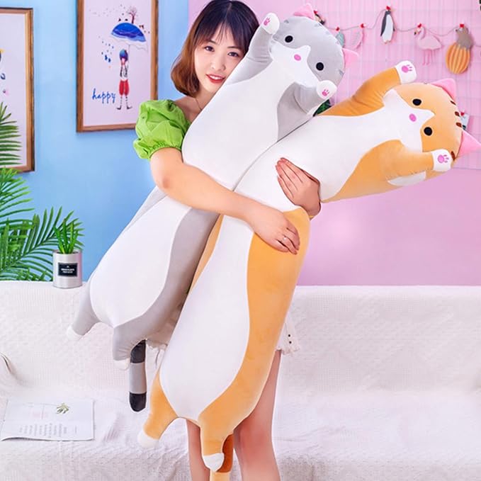 Giant Cat Pillow Plush Cartoon Kitty Sleeping Hugging Pillow, Cuddly Soft Long Kitten Body Pillow Doll Cat Cushion Toy for Kids Girlfriend(Yellow, 50cm/19.68inch)