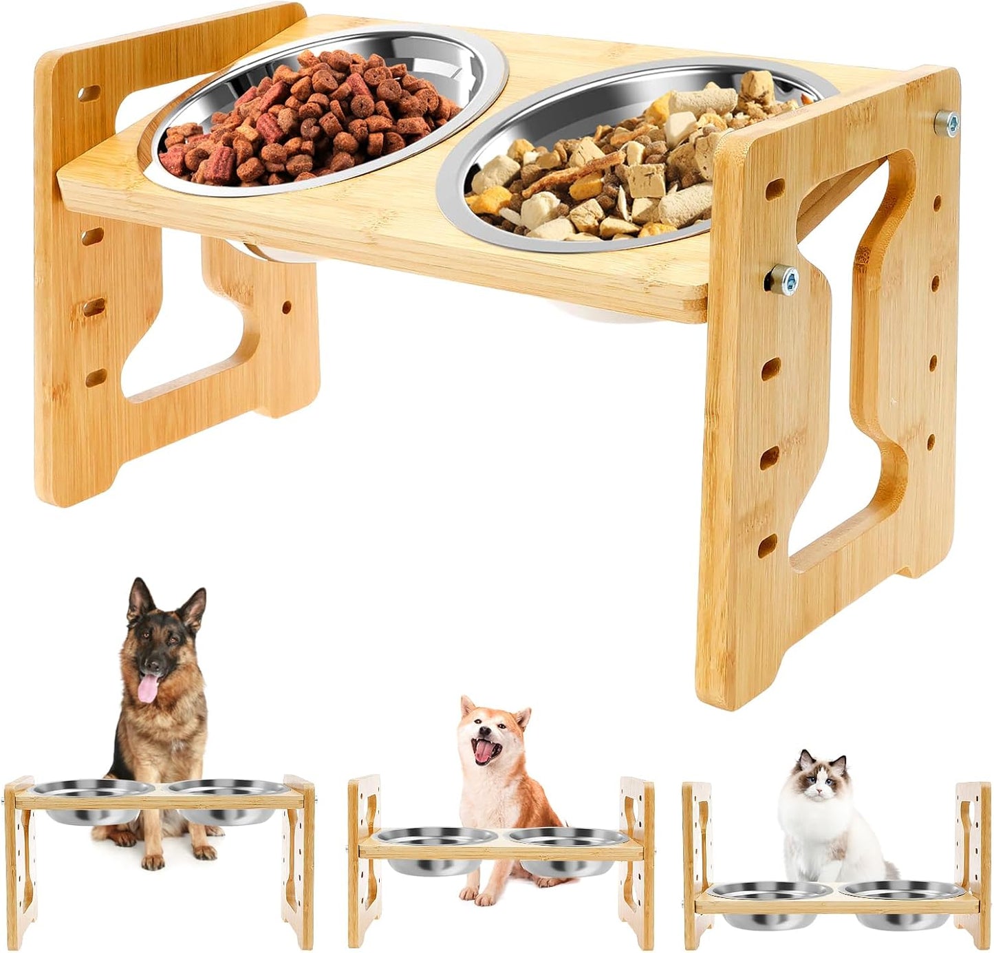 Elevated Dog Bowls, 15° Inclined Raised Pet Feeder, 2" to 7.7" 5 Adjustable Height w 2 Stainless Steel 6.2" Water Food Bowl, Cat Food & Water Dish w Wooden Stand for Medium Size, Small & Large Breed