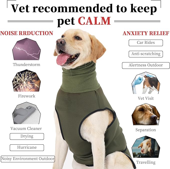ROZKITCH Dog Anxiety Shirt with Ear Cover, Reflective Calming Vest for Storms & Separation, Breathable Dog Hoodie for Anxiety Relief ArmyGreen 2XL