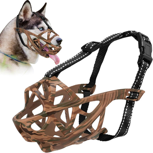 Dog Muzzle for Large Dogs, Breathable Basket Muzzles for Small, Medium and X-Large Aggressive Dog, Allows Panting Drinking, Suitable for Grooming Trimming Training (Camouflage Brown, M)
