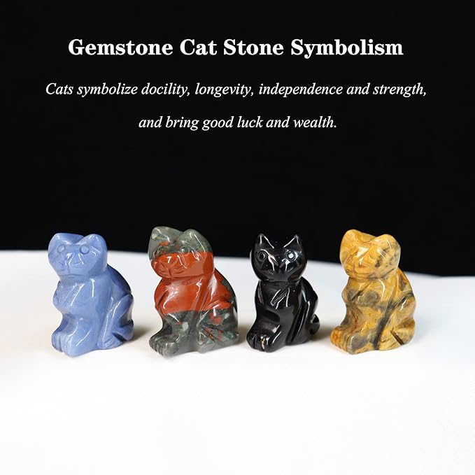Gemstone Cat Figurine Mix 6PCS, Crystal Sitting Kitten Healing Carved Lucky Animal Carving for Home Decor 1.5''