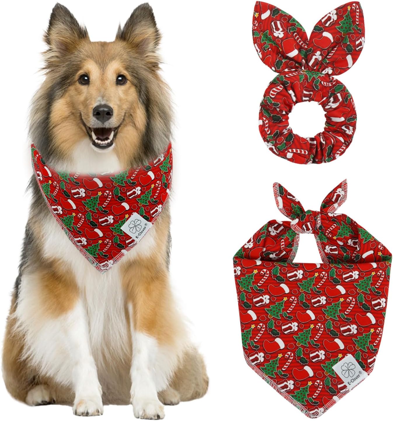 E-Clover Christmas Dog Bandanas & Matching Scrunchie Set Green Red Dog Scarf Bibs Pet Bandana with Bow Tie for Medium Large Dogs Owner Mom Winter