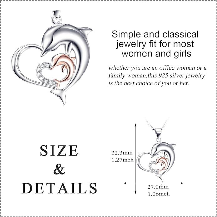 Dolphins Jewelry 925 Sterling Silver Two-Tone Eternal Love Double Heart Dolphin Pendant Necklace for Women (Rose Gold Dolphin Necklace 18'')