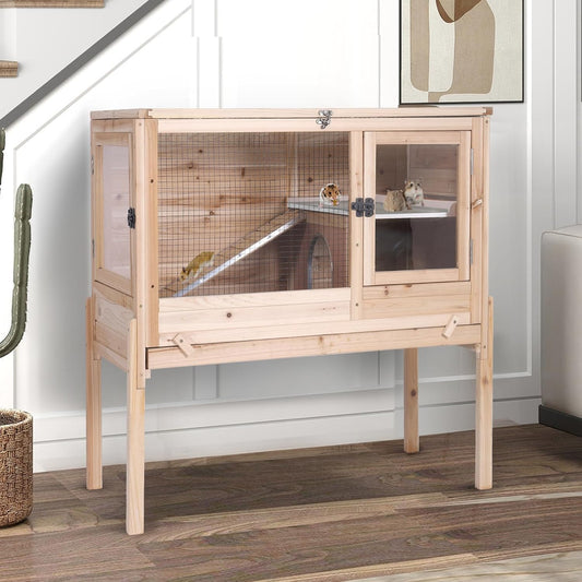 Guinea Pig Cages with Anti Chewing Edges and Cool Zinc Plate, Indoor Rabbit Hutch with Hideout and PVC Platform, Elevated Legs Hamster Cage 36.6" L (Nature)