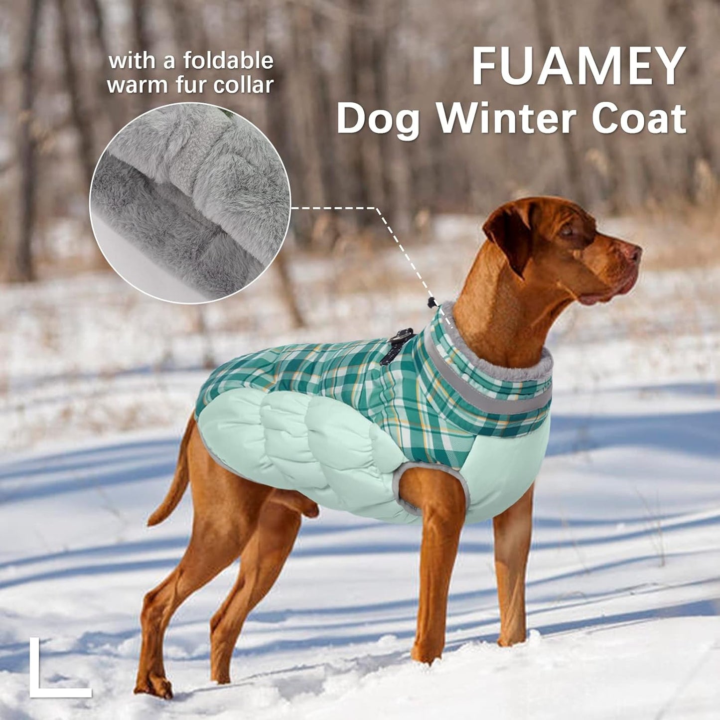 FUAMEY Dog Coat for Large Dogs,Waterproof Dog Winter Jacket with Harness Built in Puppy Cold Weather Coats Reflective Pet Vest with Zipper Warm Fleece Dogs Snowsuit Windproof Green Plaid XXL