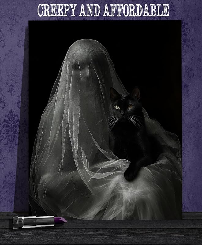 Ghost with a Black Cat Halloween Poster - Dark Academia Gothic Home Decor, Eerie Mystery Figure Art Print for Halloween Enthusiasts and Unique Wall Art Collectors (Unframed Print Poster, 18" x 24")