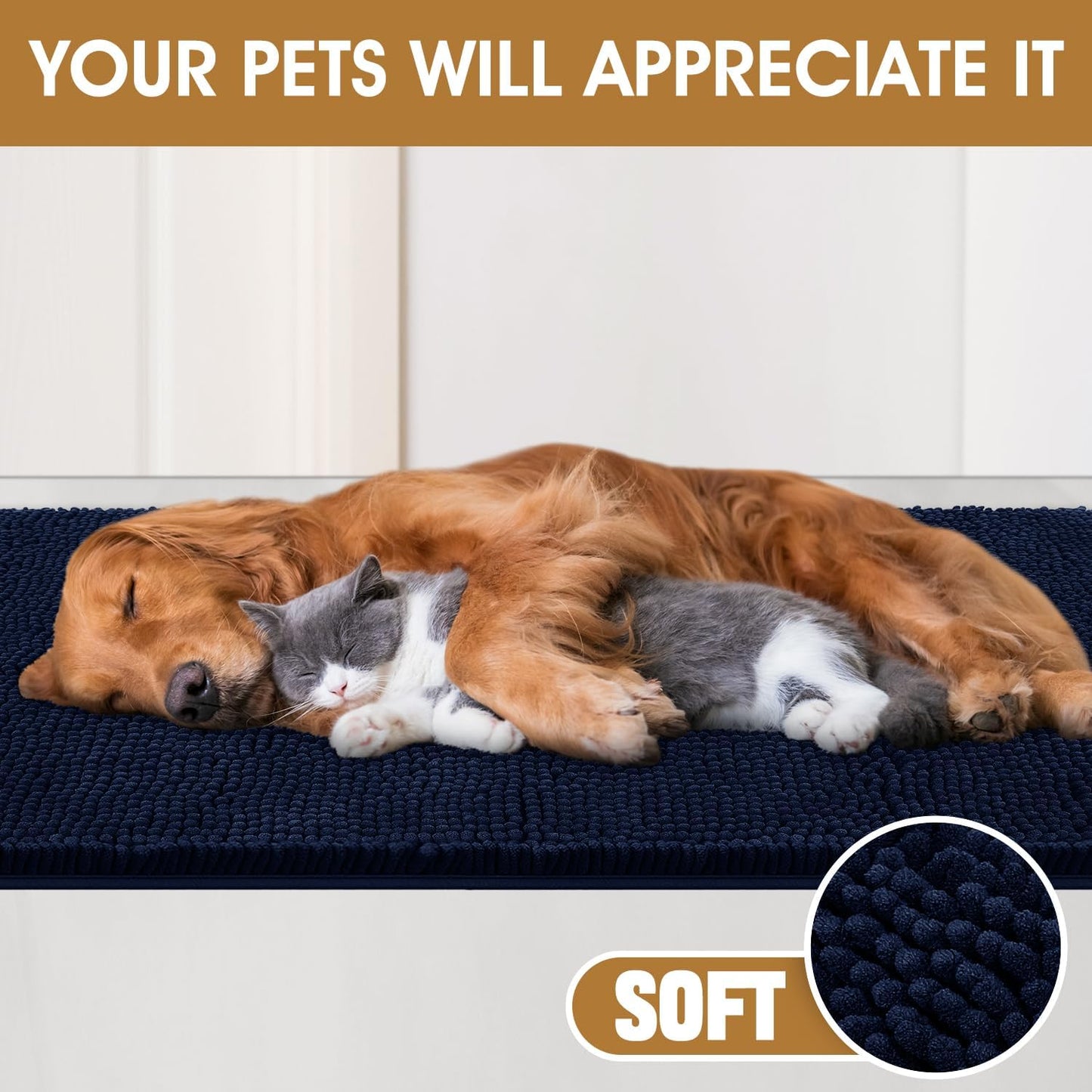 IM HOME Extra Large Dog Door Mats for Muddy Paws, Chenille Absorbent Dog Mats, Non Slip Heavy Mud Mat for Dogs, Soft Pet Mat for Entryway, Mud Paws, Inside Floor,71" x 25", Navy Blue