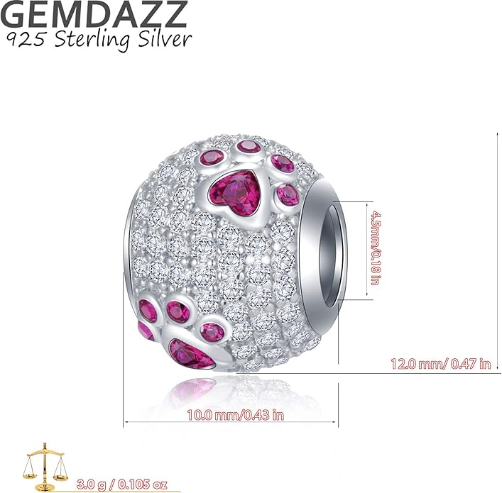GEMDAZZ Sparkling Puppy Paw Print Charms in 925 Sterling Silver, Pave Dog Pawprint CZ Round Beads and Always in My Heart Charms, Gift for Animal Lover, fit European Women Bracelet/Necklace