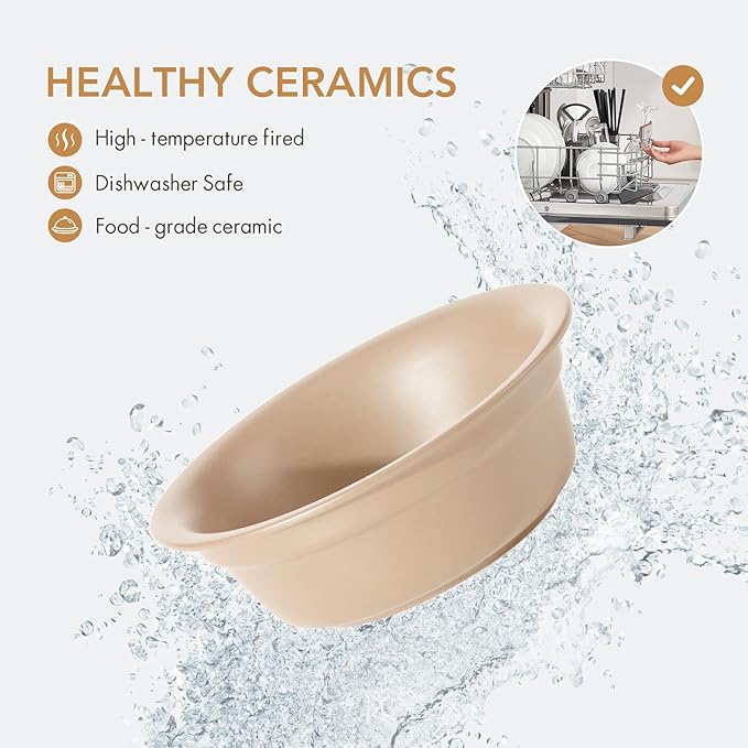 Ceramic 5.5-inch Raised Double-Bowl Set with Non-Slip Stand, 1 Cup Food or 9.5oz Water Dishes for Puppies and Cats, Wide Opening with Rounded Edges(Oat Beige)