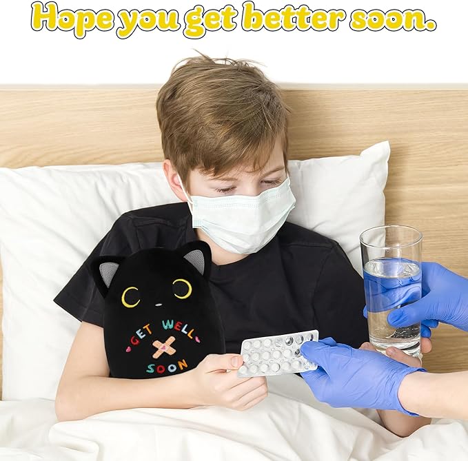 Get Well Cat Plush Toy, Black Cat Get Well Soon Stuffed Animal Gift for Kids Women,Soft Cute Black Huggable Pillow Kawaii Plushies Gift for Girls Boys