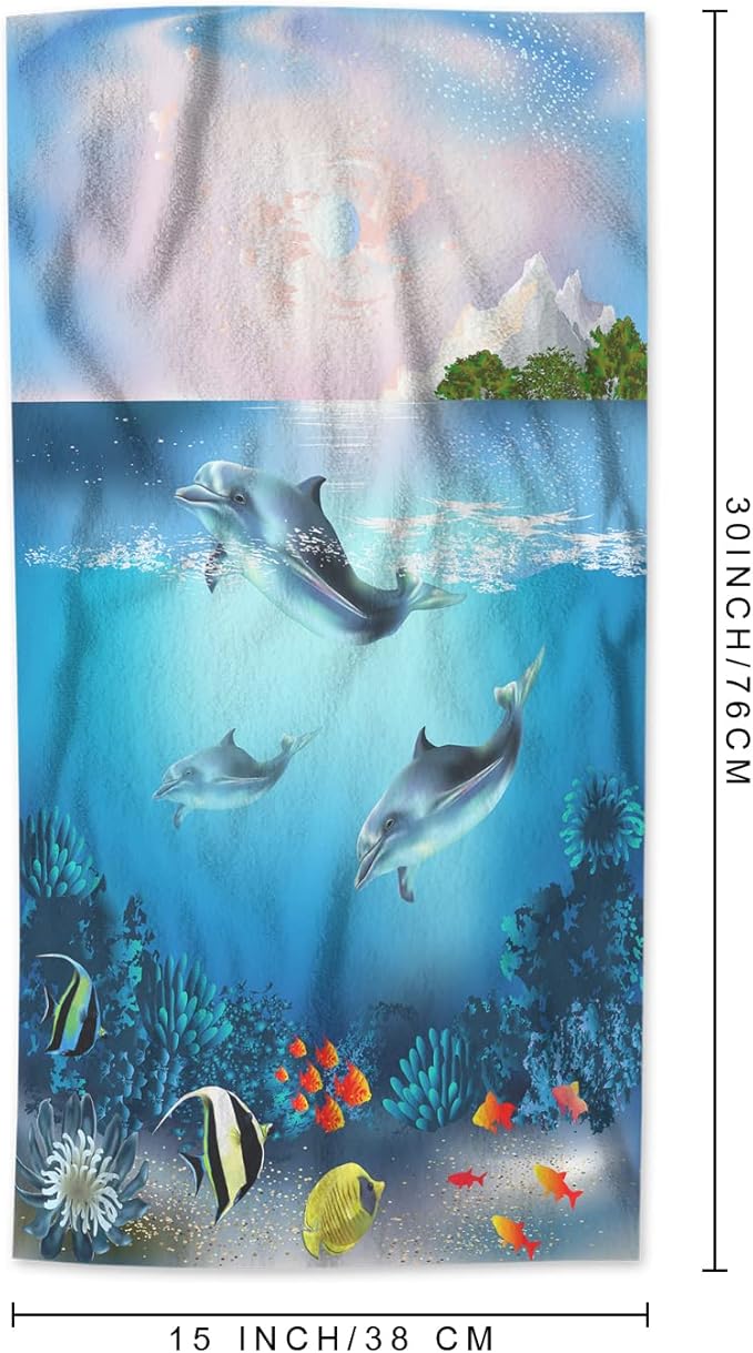 AOYEGO Underwater World Hand Towel Ocean Sea Dolphin Fish Seaweed Coral Mountain Tree Towels Cotton Face Towel Bath Kitchen Decor Set for Women Men Girls Boys 15x30 Inch