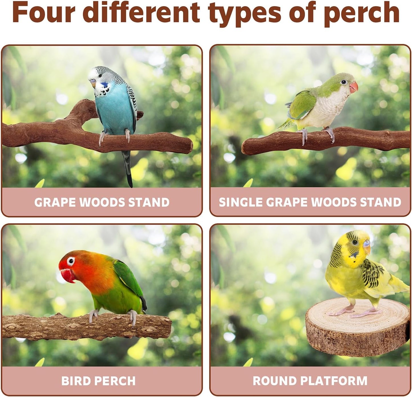 7-Piece Bird Perch Set: 3 Grapevine Paw Grinding Forks, 2 Wood Stands & 2 Hammocks - Cage Accessories for Parakeets, Cockatiels, Conures, Budgies