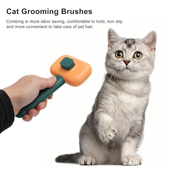 Dog Hair Brush, Self Cleaning Slicker Brush for Pets Cats Dogs Gentle Round Head Soft Needle Removes Floating Hair Comfortable Grip ABS Material 9 x 18cm (Orange Green)