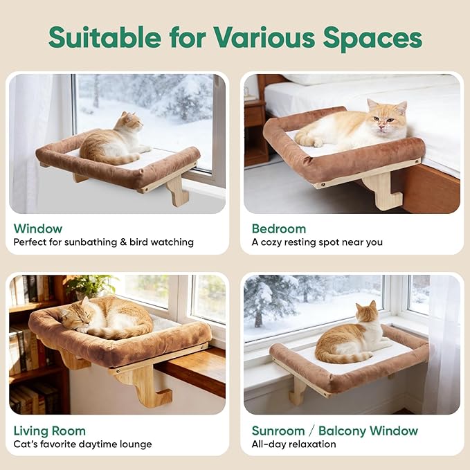 Cat Window Perch with Bolster, Large Hammock Bed for Indoor Cats, Solid Wood & Metal Frame Mounted Perch, Cozy Sunbathing Lounge Bed, 25” Wide (Brown Bed)
