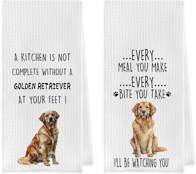 Golden Retriever Dish Towels Set - Waffle Weave Kitchen Hand Tea Towels for Bathroom, Decorative Gifts (1624 Inches, Set of 2)