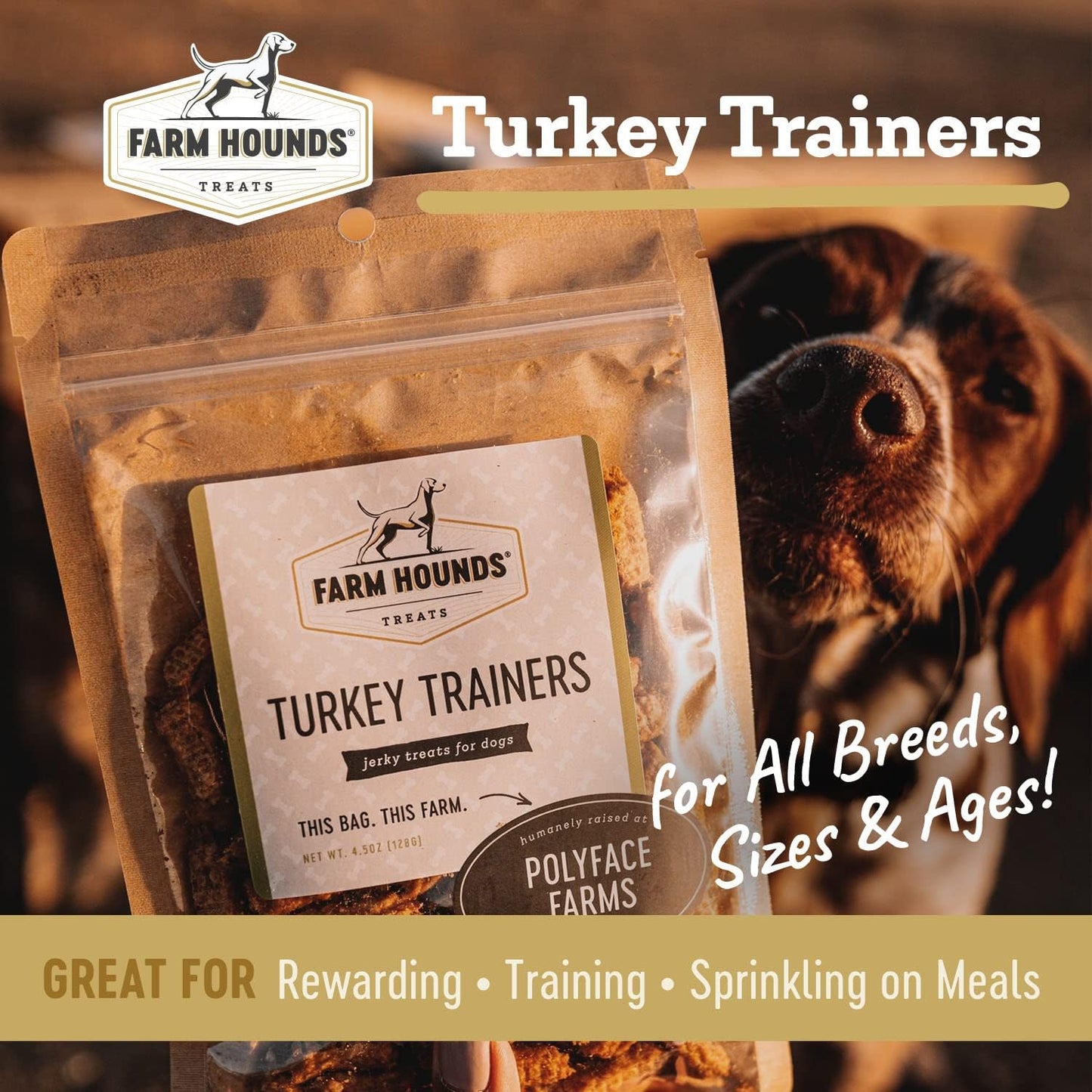 Farm Hounds - Turkey Trainers - Premium Natural Jerky for Dogs - 100% Humanely Raised Turkey - Easy-Break - Great for Training & Treats - No Added Fillers - Made in USA - 4.5 oz - 1 Pack
