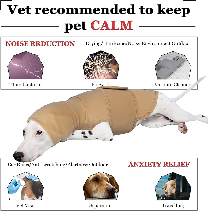ROZKITCH Dog Anxiety Jacket Vest with Hoodie Soft Ears Cover, Warm Anxiety Jacket Shirt for Medium Dogs for Fireworks Travel Vet Visit 4th of July Holiday Christmas Khaki L