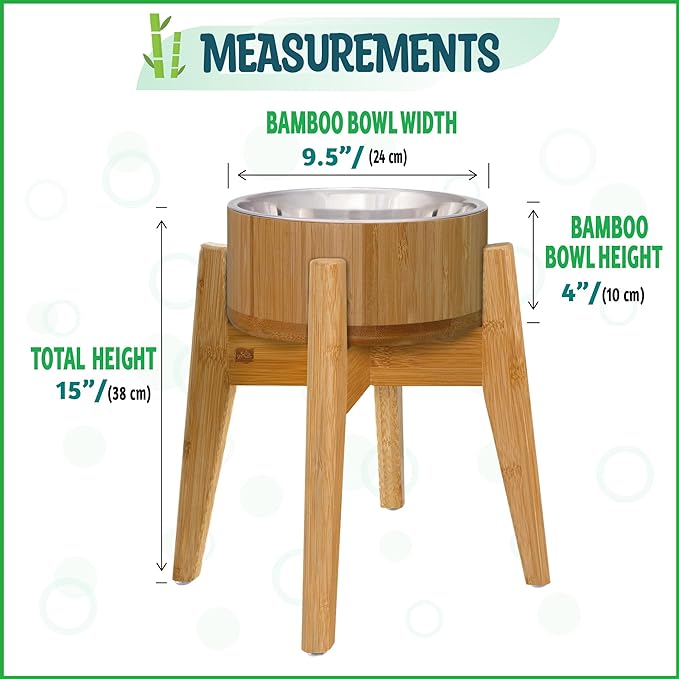 Elevated Dog Bowls for Large Breed - (15-Inch High) Raised Bamboo Holder with Stainless Dish - Suitable for Dry and Wet Pet Food - Tall Stand, Deter Ants/Bugs