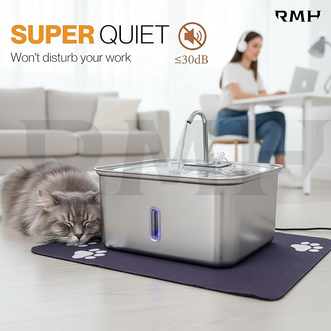 RMH 7L Stainless Steel Dog & Cat Water Fountain with Large Waterproof Mat – Automatic Pet Drinking Fountain for Large Dogs & Multi-Pet Homes, Quiet Pump, 3-Stage Filtration, LED Water Window