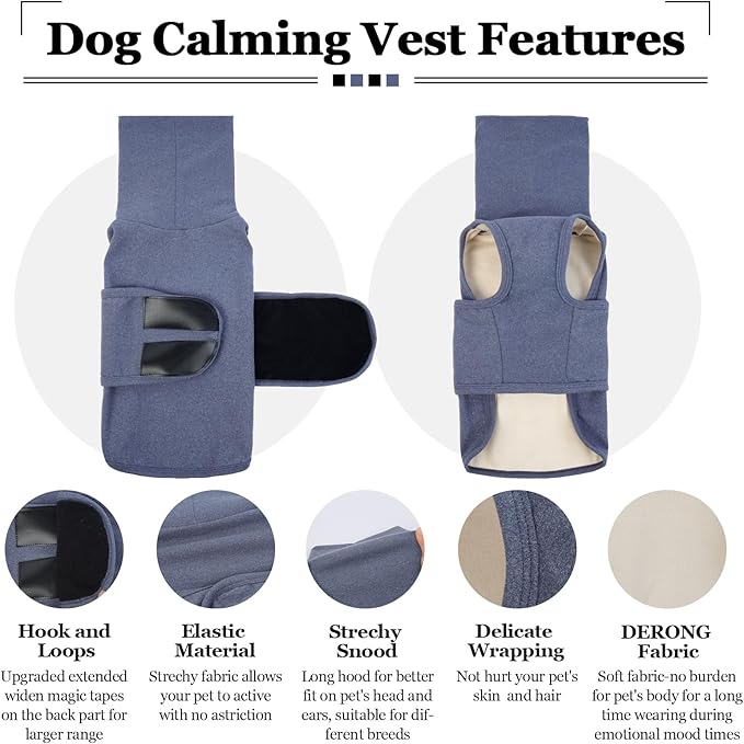 ROZKITCH Anxiety Vest for Dog, Pet Neck Wrap with Hoodie Shirt Soft Ears Cover, Thunder Jacket for Dogs Anxiety for Fireworks Travel Vet Visit 4th of July Holiday Christmas Blue L