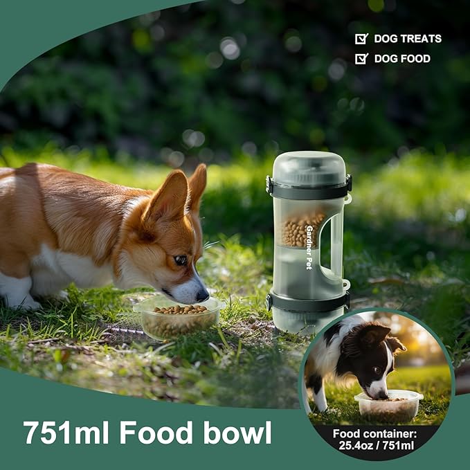 Gardner Pet Portable Dog Water Bottle&Food Container (49.6oz) – Leakproof Travel Water Bottle for Medium/Large Dogs (30+ lbs) Hiking, Camping, Beach – 2 Collapsible Bowls & Shoulder Strap (Grey)
