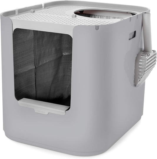 Modkat® XL Litter Box, Top or Front-Entry Configurable, Full Height Seamless Base, Reusable Litter Liners, Sifting Litter Scoop, 2X Bamboo Charcoal Filters - Gray
