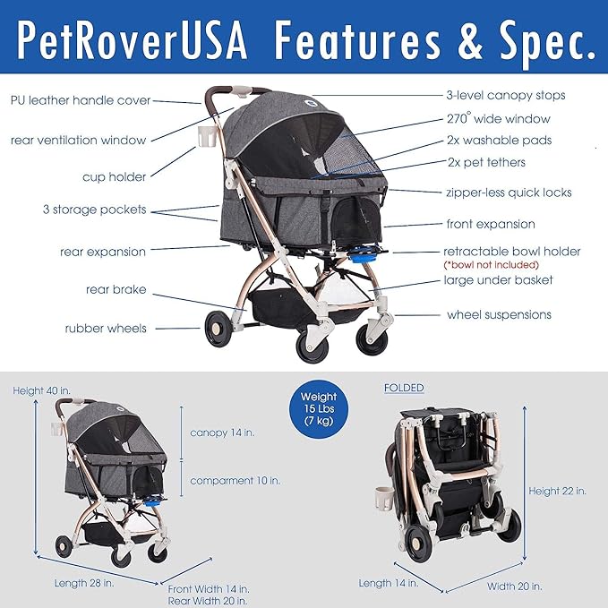 HPZ-PR America Pet Rover Lite Premium Light-Weight Dog/Cat/Pet Stroller Travel Carriage with Convertible Compartment/Aluminum Frame for Small & Medium Pets (Gray 2nd-Gen.)