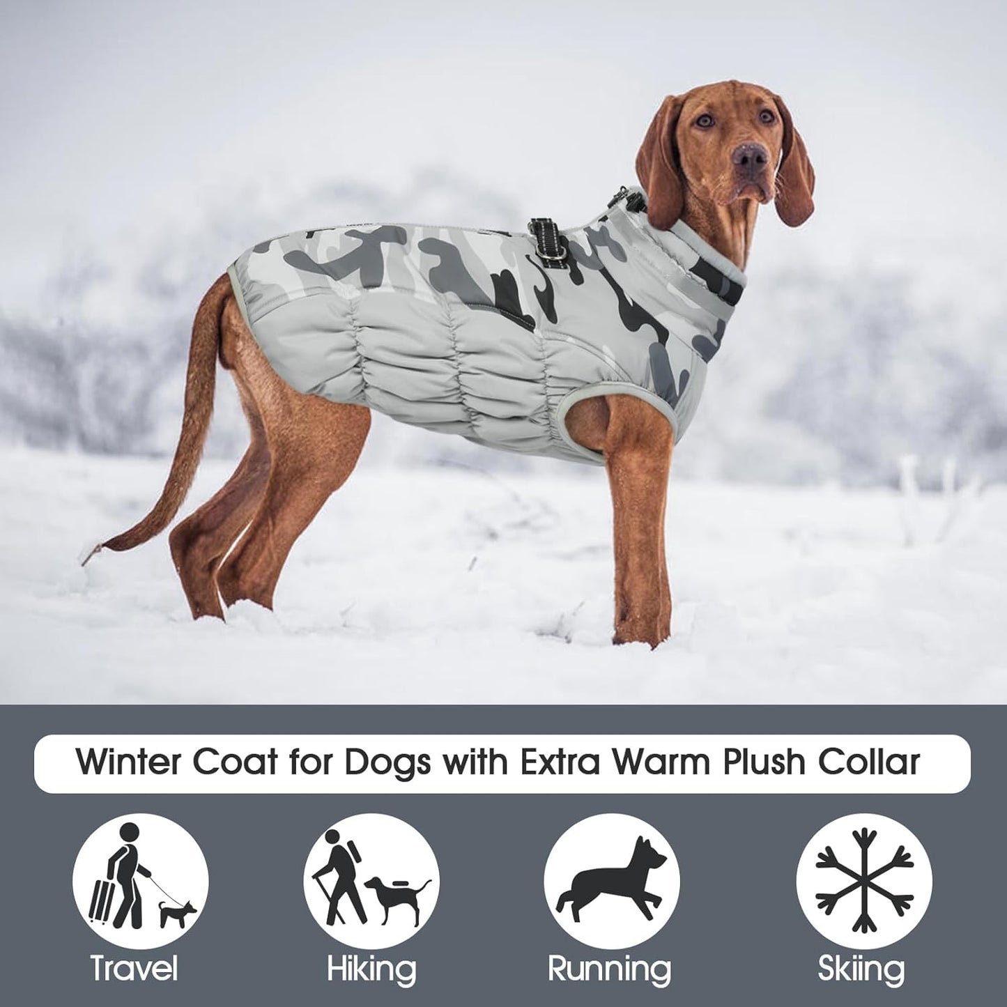 FUAMEY Dog Coat for Small Dogs,Waterproof Dog Winter Jacket with Harness Built in Puppy Cold Weather Coats Reflective Pet Vest with Zipper Warm Fleece Dogs Snowsuit Windproof Grey Camo S