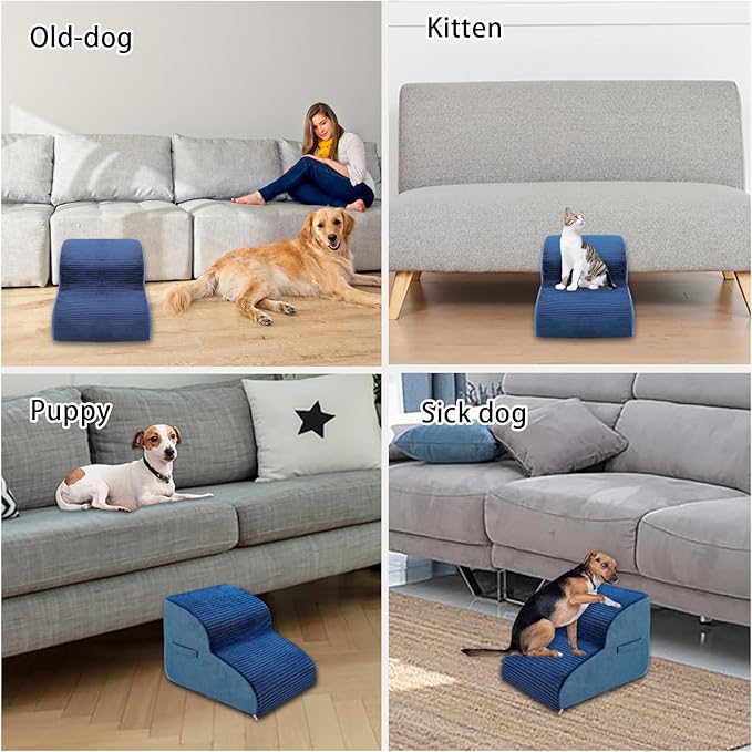 High Density Foam Dog Stairs Steps, 13.7’’ Non-Slip Extra Wide Deep Pet Steps for Beds Or Couches, for Injured or Older Pets Dogs and Cats with Joint Pain, 2-Tiers (Navy Blue)