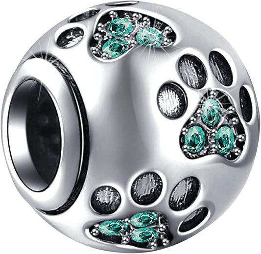 EMOSTAR Dog Paw Print Charms with Various Birthstone Crystals, 925 Sterling Silver Pawprint Beads for 3mm Snake Chain, Pet Lover Gifts for European Women Bracelet