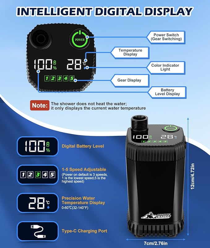 2026 Upgraded Portable Shower for Camping with Heater, Rechargeable Camping Shower with Intelligent LED Display, 5 Gal Foldable Bucket, 4 Spray Modes, Portable Shower for Travel, Pet Bath, Car Washing