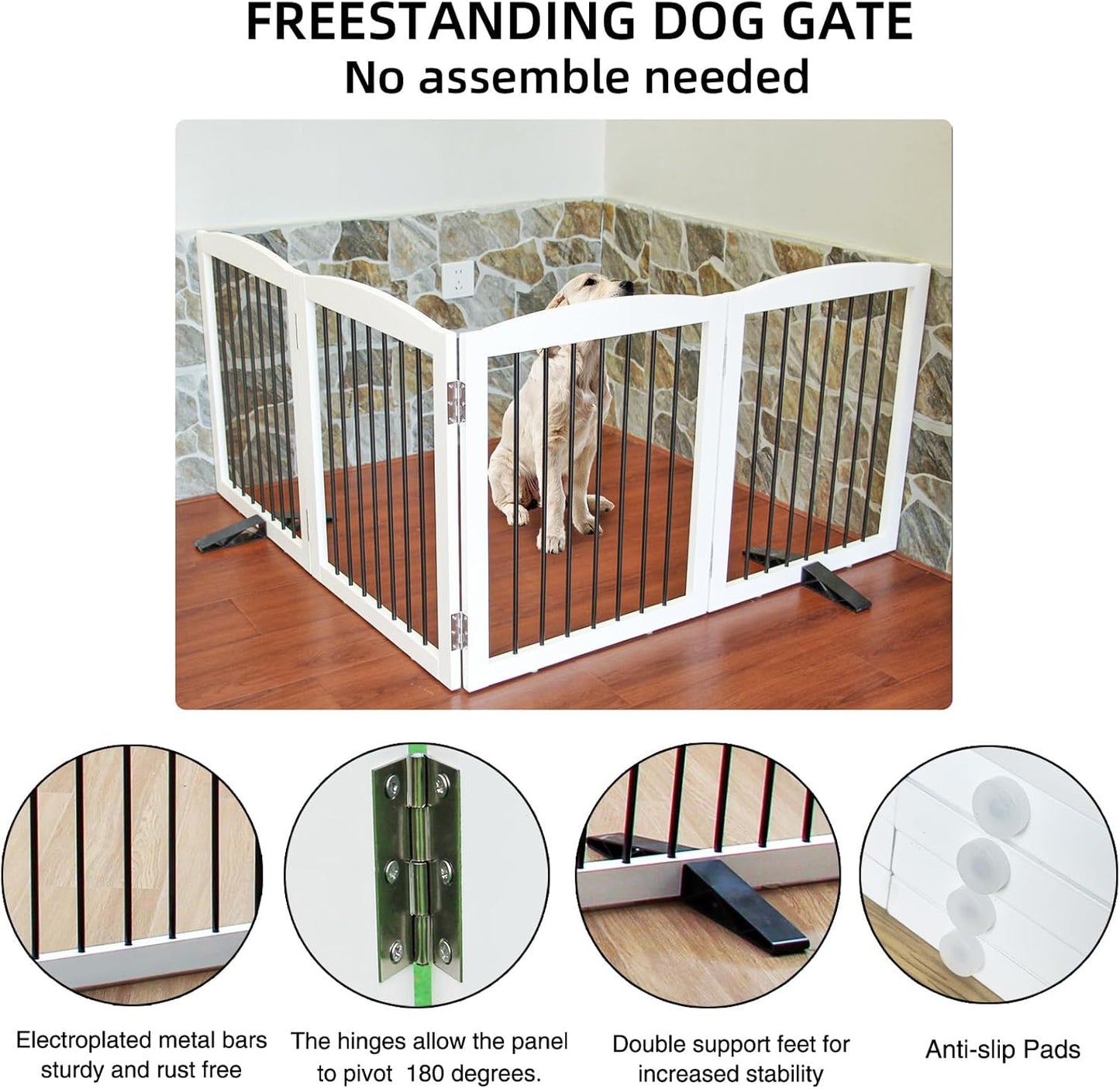 Freestanding Panel Dog Gate for Indoor, Doorways, Stairs, or Hallways - Foldable Wooden Pet Fence With Support Feet - 24" Height, 4 Panels, White