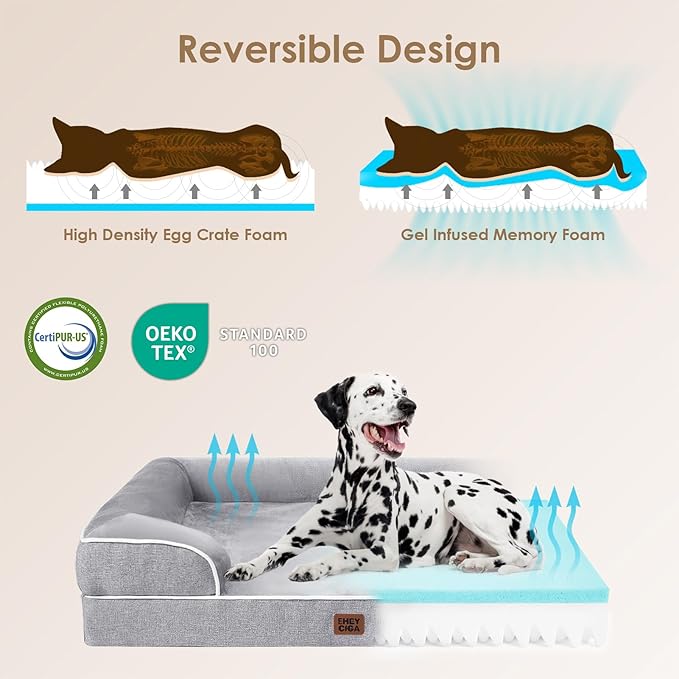 EHEYCIGA Orthopedic Dog Beds for Large Dogs, Waterproof Memory Foam Large Pet Bed with Sides, Non-Slip Bottom and Egg-Crate Foam Dog Couch Bed with Washable Removable Cover, Grey