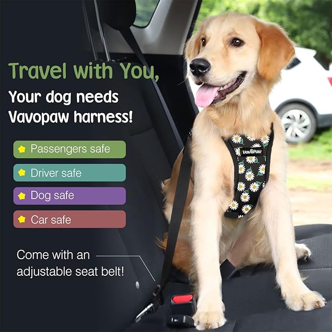 Dog Seat Belt, Safety Vest Dog Car Harness with Adjustable Buckle Dog Seat Belt for Vehicle Nylon Pet Safety Seat Belts Heavy Duty(S, Black Daisy)