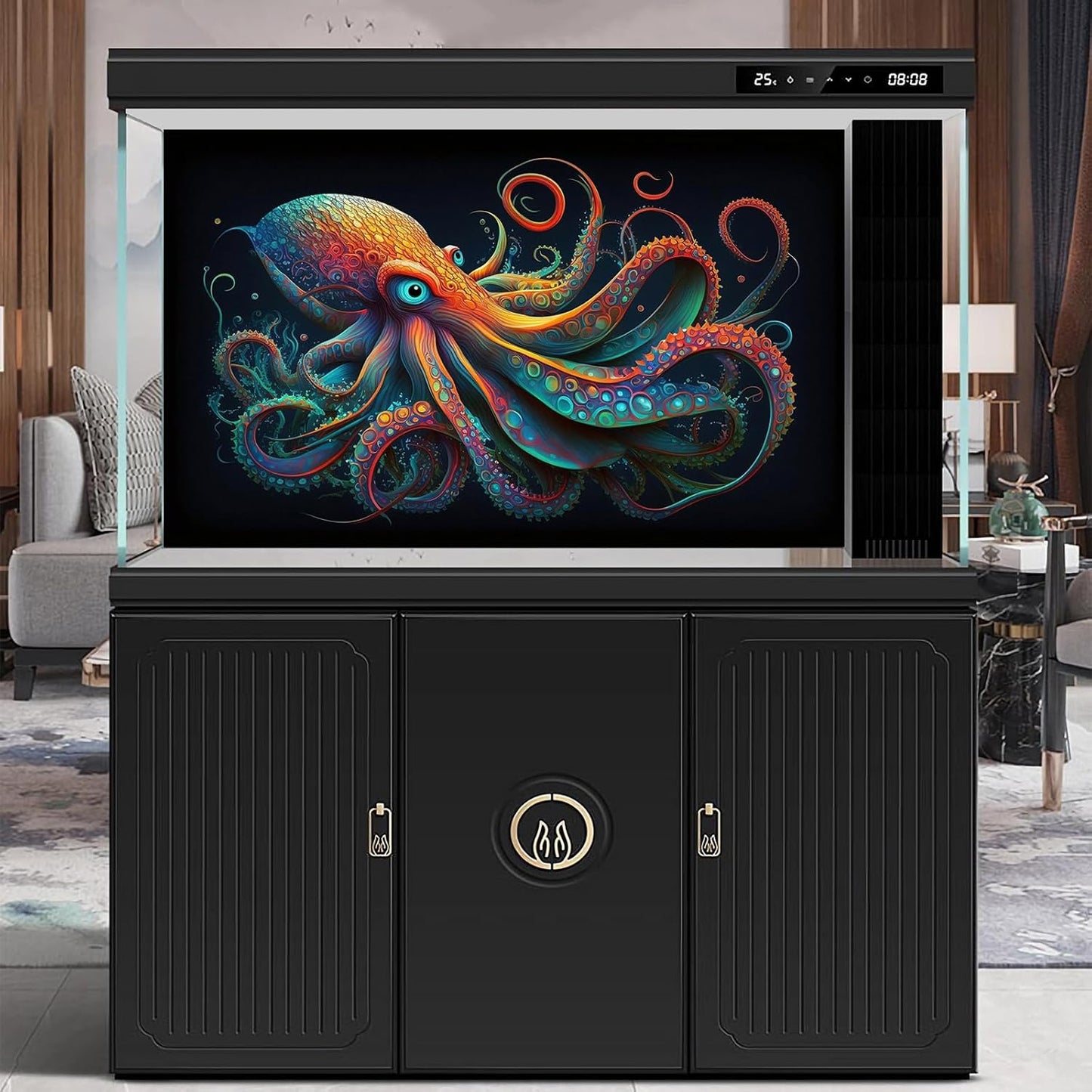 Octopus Aquarium Background Abstract Colorful Octopus Terrarium Background Glowing Octopus on Black Background Fish Tank Backdrop Poster Wallpaper Decorations Vinyl 72x24in