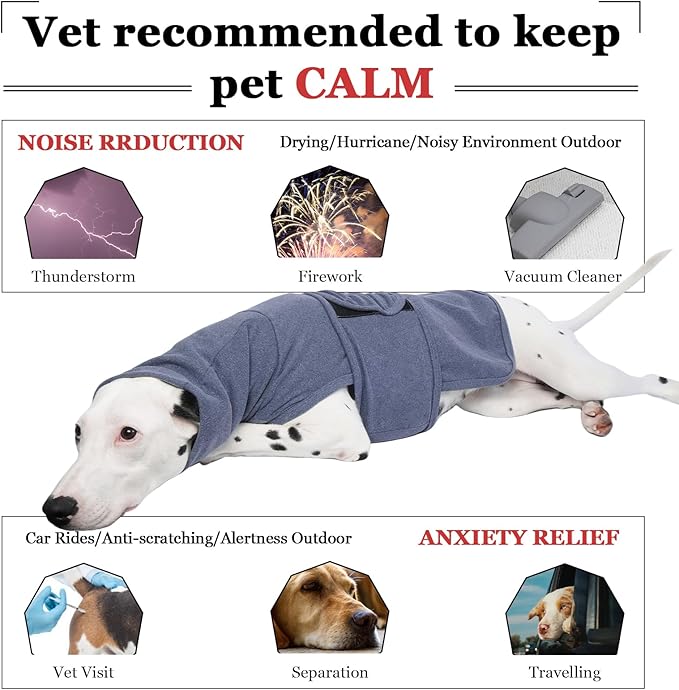 ROZKITCH Anxiety Vest for Dog, Pet Neck Wrap with Hoodie Shirt Soft Ears Cover, Thunder Jacket for Dogs Anxiety for Fireworks Travel Vet Visit 4th of July Holiday Christmas Blue L