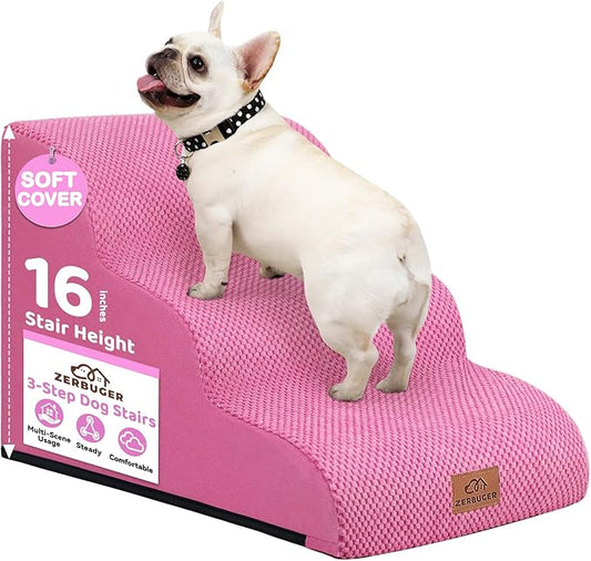 Dog Ramp and Stair for Bed 16" H-20 H,3-Step Cat Stair for Sofa and Chair,4-Step Dog Ramp for High Bed and Window,Durable Nonslip Fabric Cover for Indoor (Pink-16 H, Pet Friendly, 3)