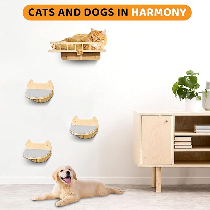 Cat Wall Steps – 2-Pack Wood Wall Mounted Cat Shelves & Floating Cat Stairs, Space-Saving Climbing Furniture for Large Cats