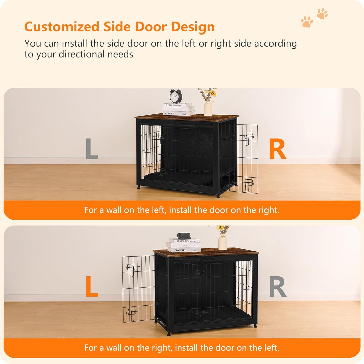 DWANTON Dog Crate Furniture with Cushion, Wooden Kennel Table with Double Doors, Indoor Dog House, Medium Size, 32.5" L, Black+Rustic Brown