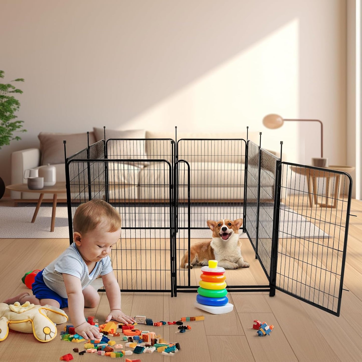 Garden Fencing 48in High, 8 Panels Total 17.7 Ft(L) Dog Fence Outdoor for Yard, Gate 21 in Wide with Low Sills. Lattice Panels for Outside, Dog Digging Fence Barrier, Garden Fences and Borders