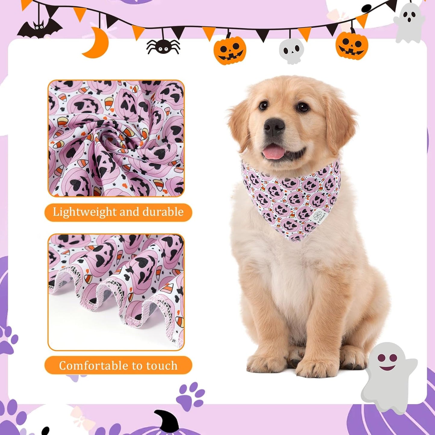 E-Clover Halloween Dog Bandanas & Matching Scrunchie Set Girl Cute Pink Pumpkin Dog Scarf Bibs Pet Bandana with Bow Tie for Medium Large Dogs Owner Mom