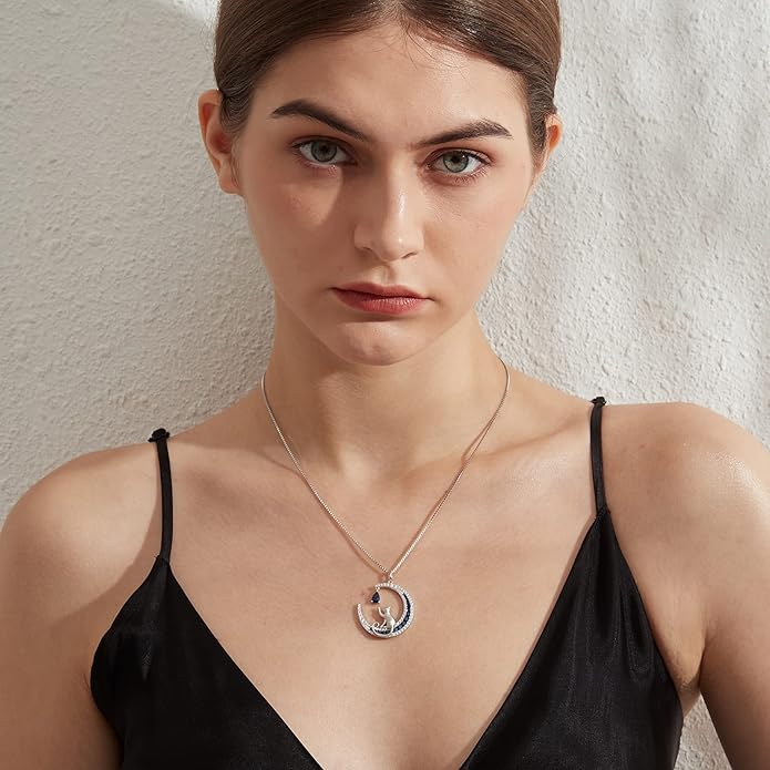 jiamiaoi 18K White Gold Plated Cat Necklace 925 Sterling Silver Diamond Cat Necklace Silver Cat On Moon Necklace for Women Gift for Birthday/Christmas, Come with Gift Box