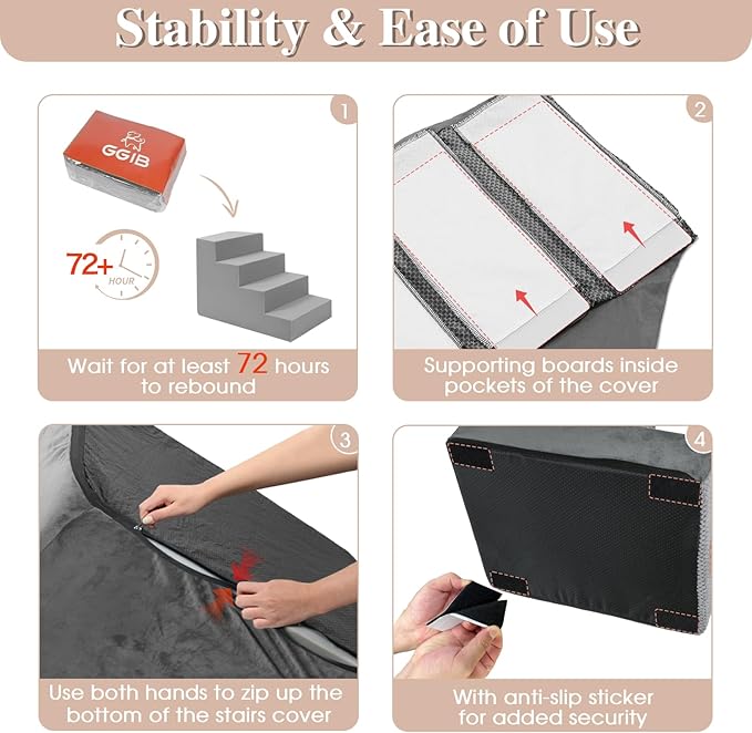 GGIB Dog Stairs for Small Dogs Cats Non-Slip Dog Steps for High Bed Pet Stairs for Sofa Couch Pet Ramp Pet Steps with Removable Washable Cover, Grey, 13" H, 3-Step