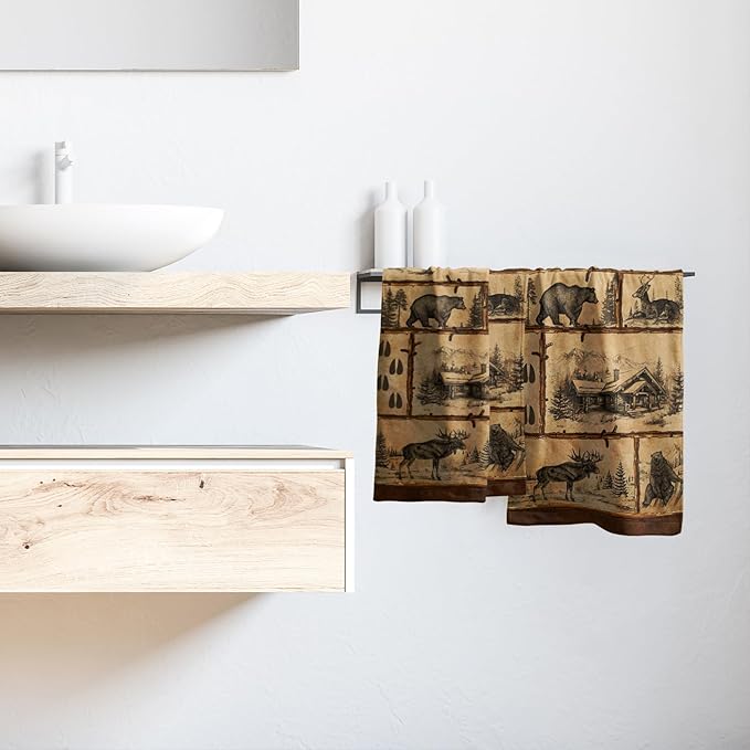 Giwawa Vintage Bear Deer Hand Towels Set of 2 Forest Cabin Face Bath Fingertip Towel Soft Absorbent Dish Wash Cloth Kitchen Bathroom Home Decor